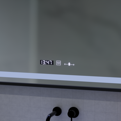 Oglinda LED Senzor MotionGlow Domingo cu functie Dezaburire Termometru Ceas 120x65 cm Lumina Rece/Calda/Neutra Dimabila, Rama Negru Brushed, colectia Marcello Funghi