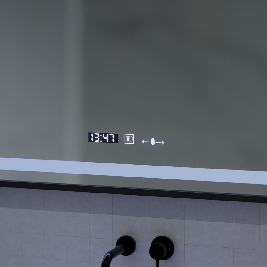 Oglinda LED Senzor MotionGlow Domingo cu functie Dezaburire Termometru Ceas 120x65 cm Lumina Rece/Calda/Neutra Dimabila, Rama Negru Brushed, colectia Marcello Funghi