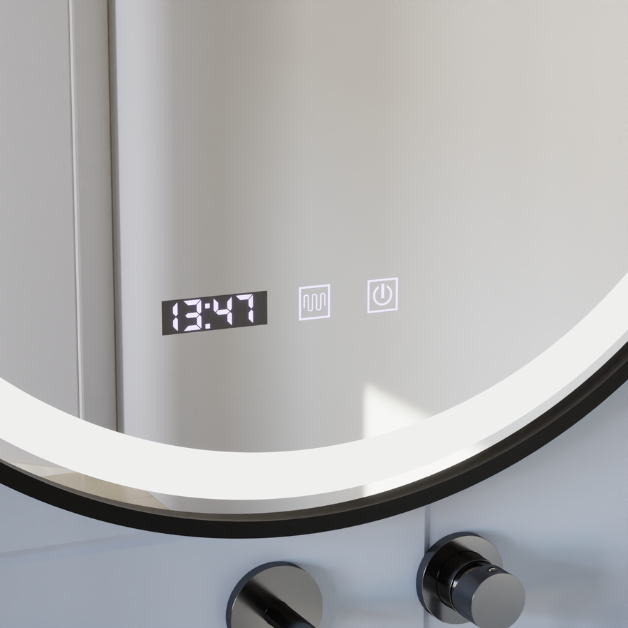 Oglinda LED Touch NOVARA Sistem Dezaburire, Ceas si Temperatura 60 cm Rama Negru Brushed