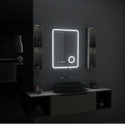 Oglinda LED Touch Ulrich Sistem Dezaburire, Ceas si Temperatura 60x80 cm Rama Negru Brushed Lupa Cosmetica