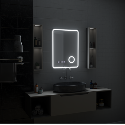 Oglinda LED Touch Ulrich Sistem Dezaburire, Ceas si Temperatura 60x80 cm Rama Negru Brushed Lupa Cosmetica