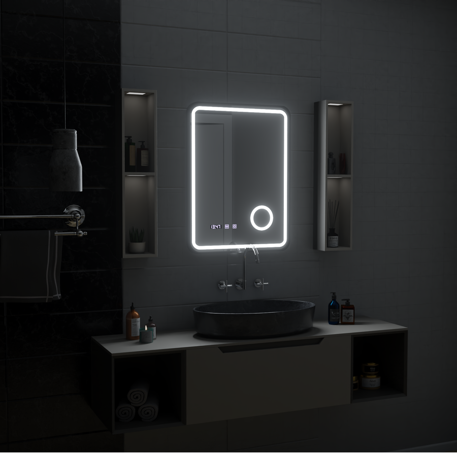 Oglinda LED Touch Ulrich Sistem Dezaburire, Ceas si Temperatura 60x80 cm Rama Negru Brushed Lupa Cosmetica