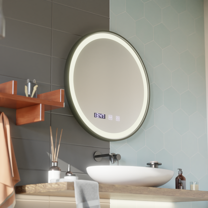 Oglinda LED Touch NOVARA Sistem Dezaburire, Ceas si Temperatura 90 cm Rama Negru Brushed