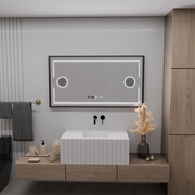 Oglinda LED Senzor MotionGlow Domingo cu functie Dezaburire Termometru Ceas 120x65 cm Lumina Rece/Calda/Neutra Dimabila, Rama Negru Brushed, colectia Marcello Funghi
