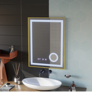 Oglinda LED Touch CLARUS Sistem Dezaburire, Ceas si Temperatura 60x80 cm Rama Auriu Brushed Lupa Cosmetica