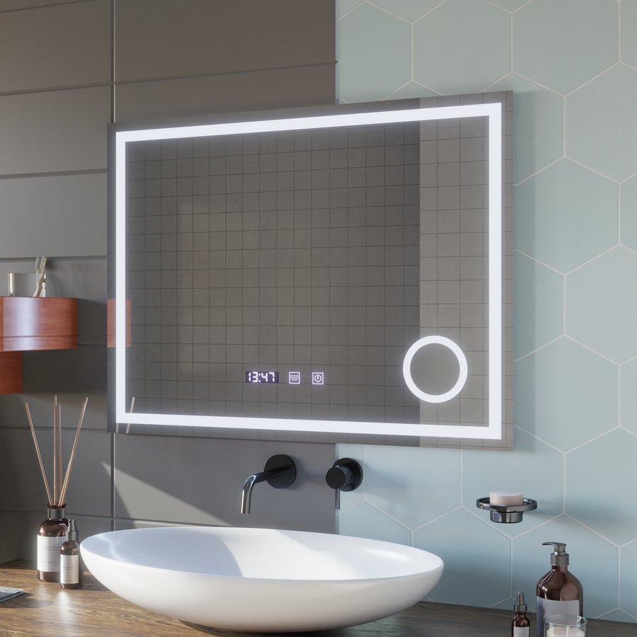 Oglinda LED Touch NIVERA Sistem Dezaburire, Ceas si Temperatura 80x60 cm Lupa Cosmetica