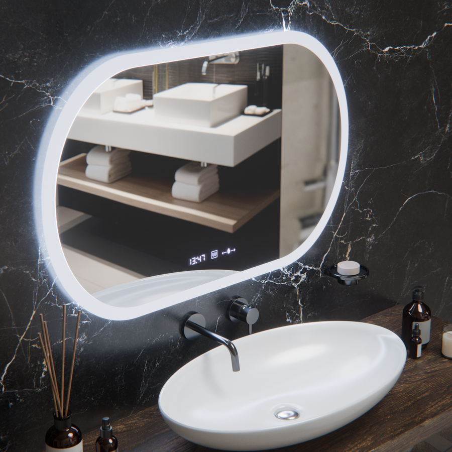 Oglinda LED Ovala, 80x50cm, Altera Senzor MotionGlow Marcello, Sistem Dezaburire, Ceas & Termometru, Dimabila