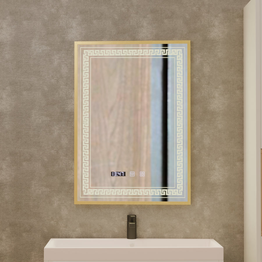 Oglinda LED Touch Bruno Sistem Dezaburire, Ceas si Temperatura 60x80 cm Rama Auriu Brushed, S84/60X80