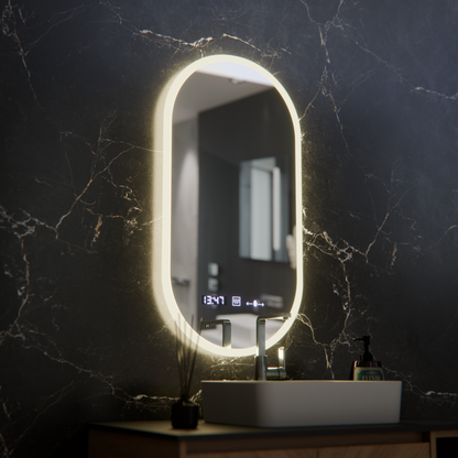 Oglinda LED Ovala, 50x100cm, Lucia Senzor Marcello, Sistem Dezaburire, Ceas & Termometru, Dimabila