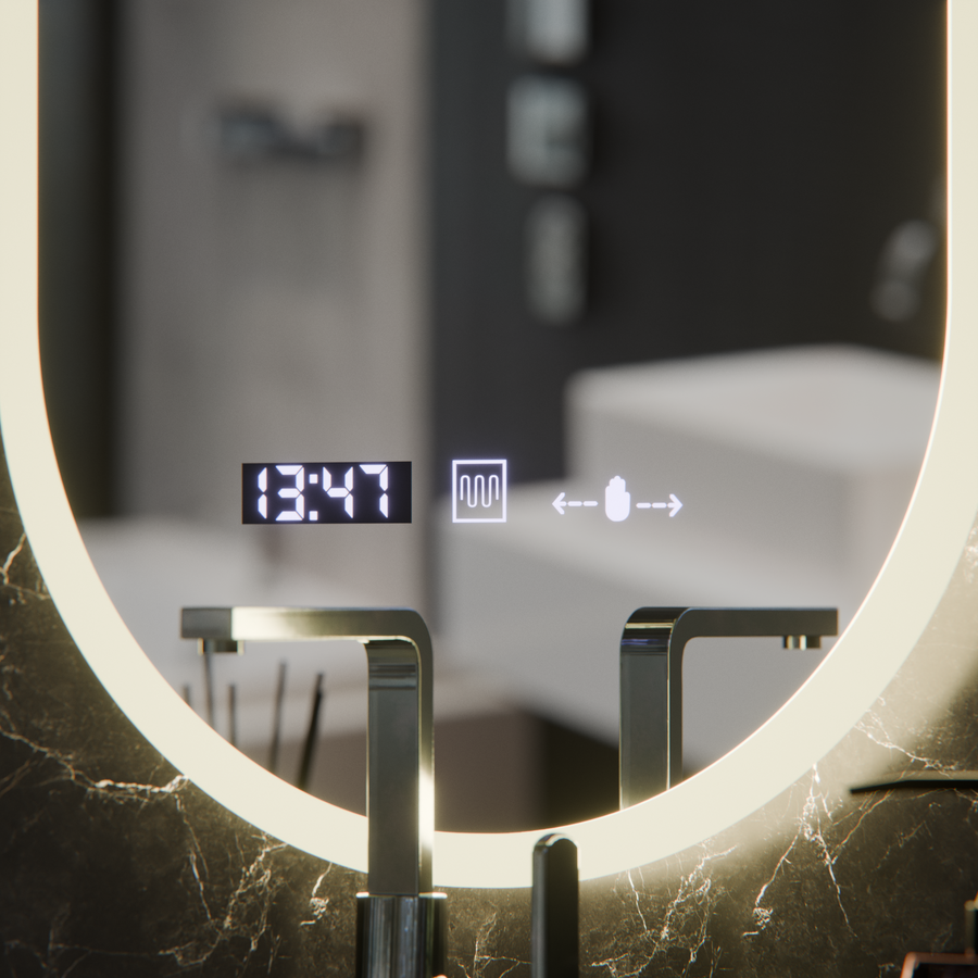 Oglinda LED Ovala, 50x80cm, Lucia Senzor Marcello, Sistem Dezaburire, Ceas & Termometru, Dimabila