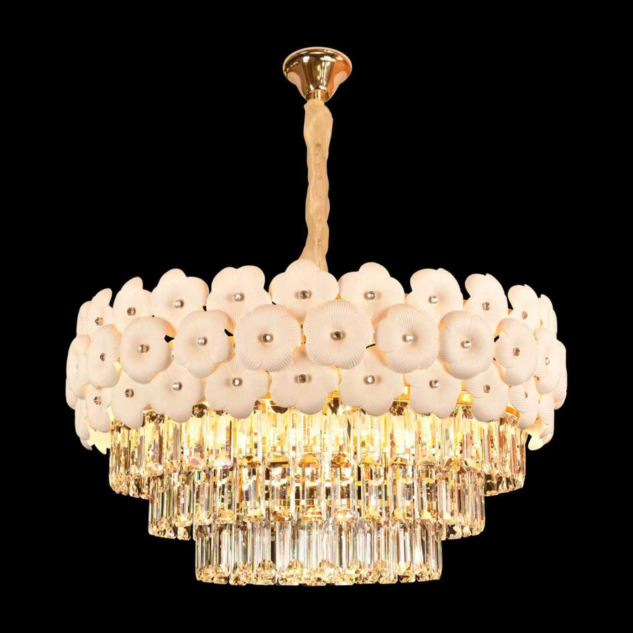 Candelabru Cristal PETAL Magno 13xE14, D60 cm, Auriu, Inaltime Reglabila, Metal si Cristal