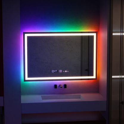 Oglinda LED Rectangulara, 100x60cm, Verite MotionGlow Marcello, Sistem Dezaburire, Ceas & Termometru, Dimabila, W09/100X60BTRGB
