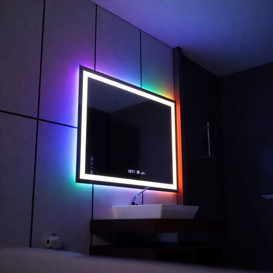 Oglinda LED Rectangulara, 100x60cm, Verite MotionGlow Marcello, Sistem Dezaburire, Ceas & Termometru, Dimabila, W09/100X60BTRGB