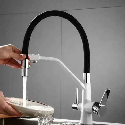 Baterie Bucatarie cu 3 Cai Pipa Flexibila Alama Sanitara Alb - Negru