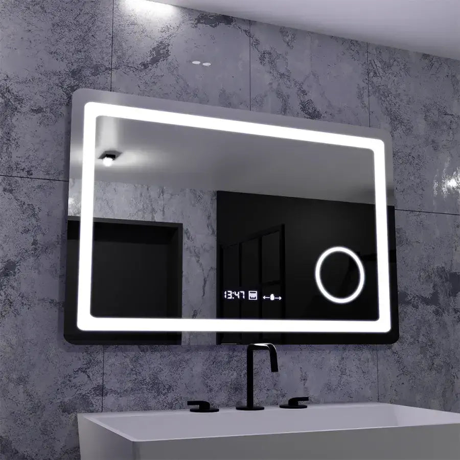 Oglinda LED Rectangulara, 90x60cm, Souverain MotionGlow Marcello, Sistem Dezaburire, Ceas & Termometru, Lupa Cosmetica, Dimabila