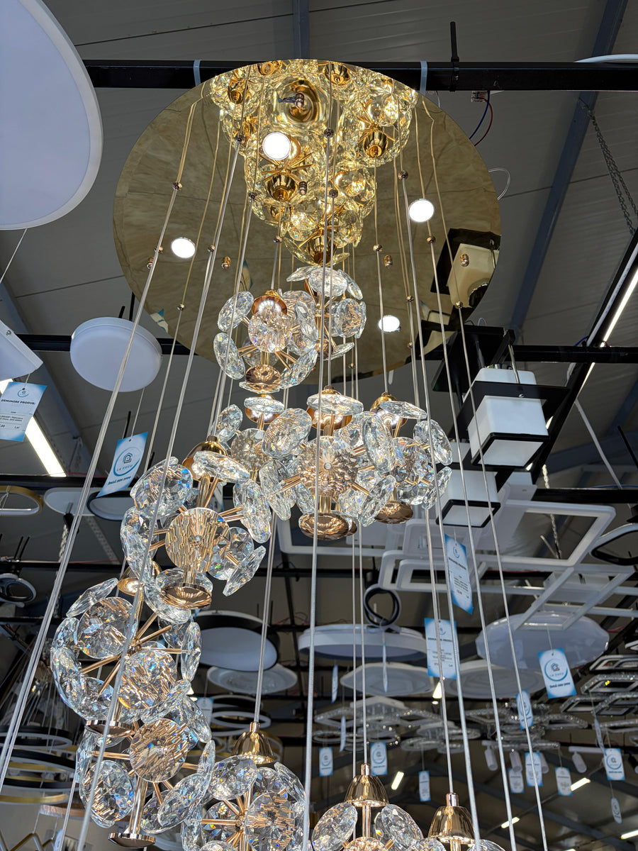 Candelabru Cristal LED KILKENNY Culmino, 144W, Lumina Neutra, Diametru 60cm, Auriu