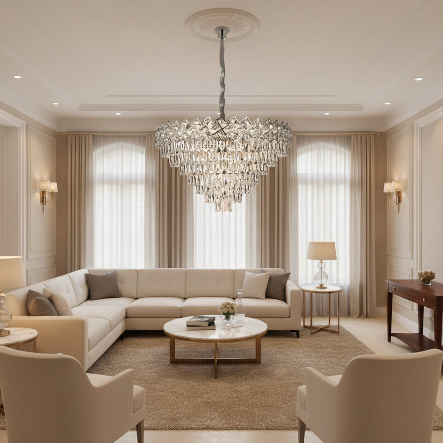 Candelabru Cristal WINDSOR Supremo 10xE14, Diametru 80cm, Crom Lucios, Inaltime Reglabila