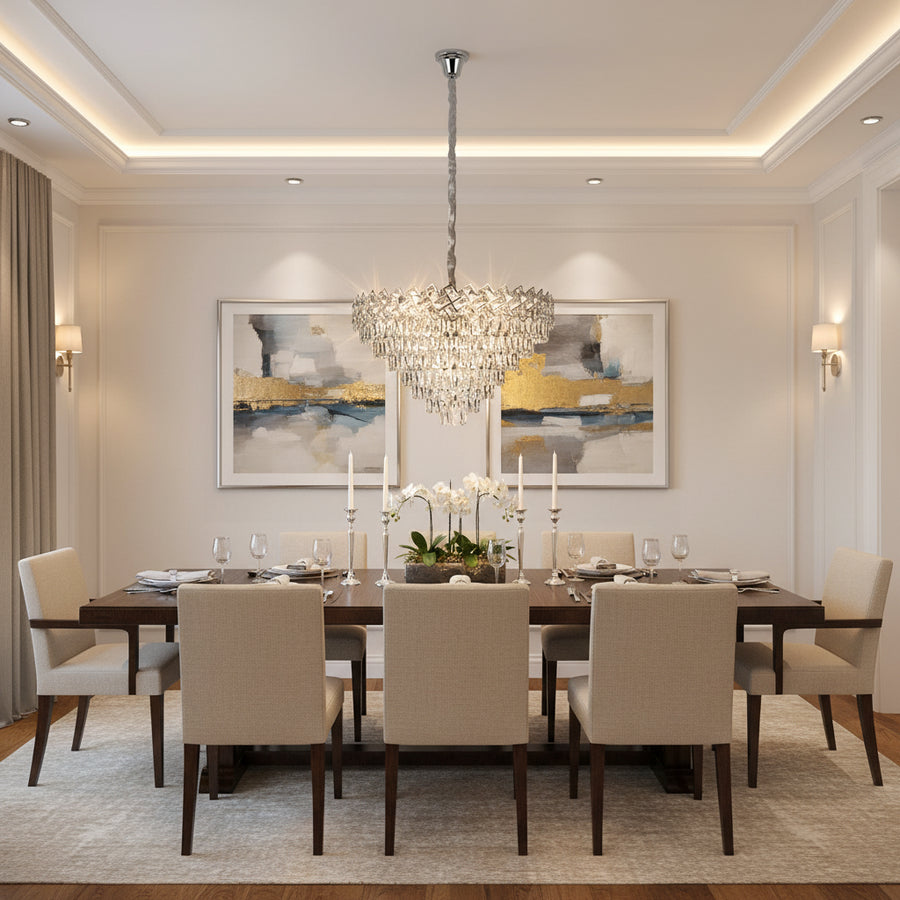 Candelabru Cristal WINDSOR Supremo 10xE14, Diametru 80cm, Crom Lucios, Inaltime Reglabila