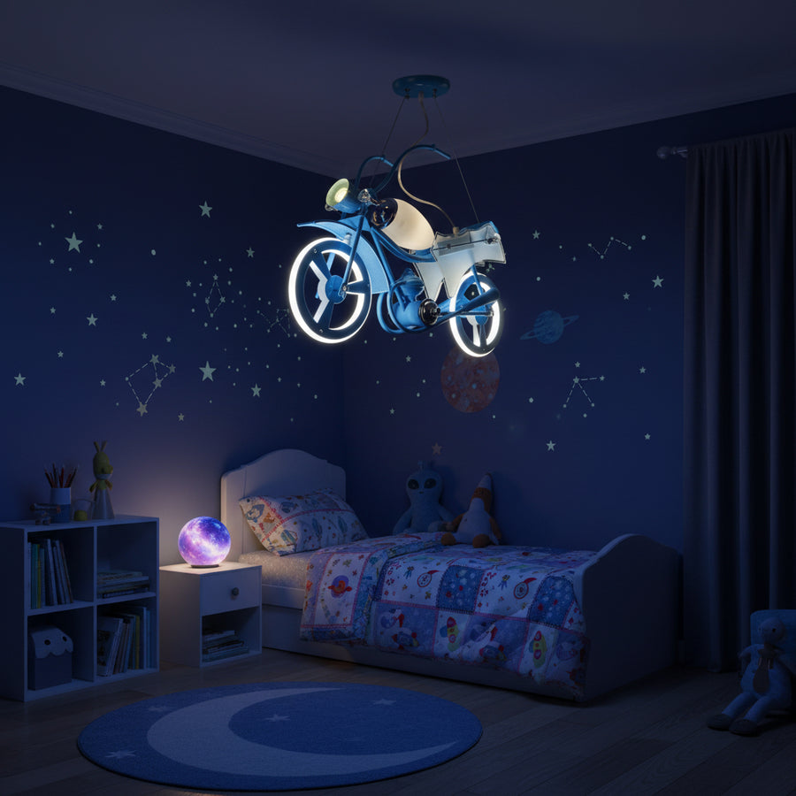 Lustra LED pentru copii MOTO, Tip motocicleta, 40W, Lumina Rece/Calda/Neutra, Albastru Alb