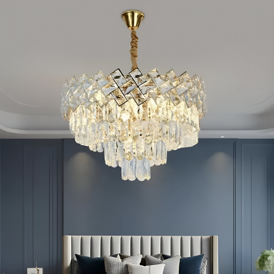 Candelabru Cristal WINDSOR Nobile 5xE14, Diametru 40cm, Auriu Lucios, Inaltime Reglabila