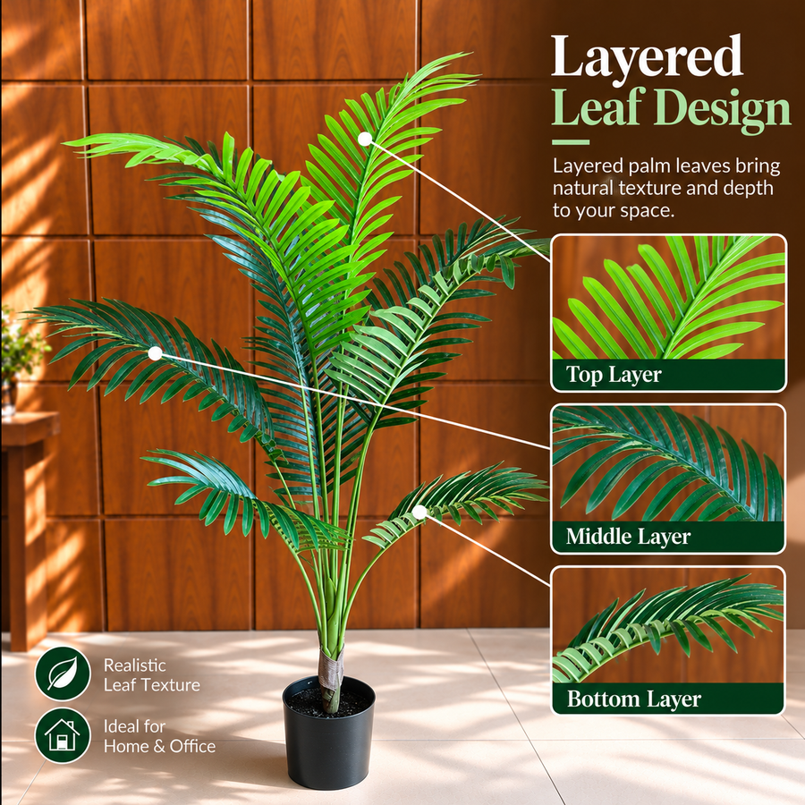 Planta Artificială Copac Tip Palmier Kentia, 12 frunze, 120 cm, Verde, cu Ghiveci