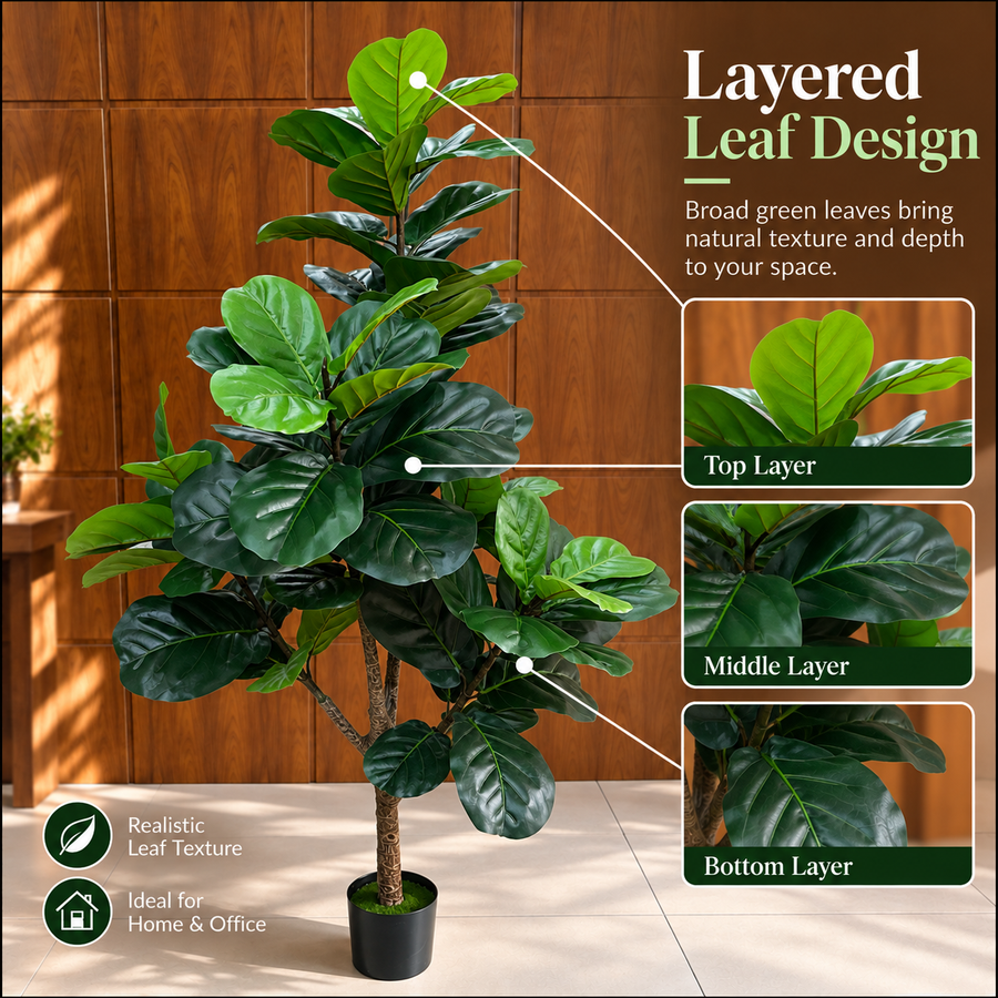 Planta Artificială Copac Tip Ficus, 3 brate, 154 cm, Verde, cu Ghiveci