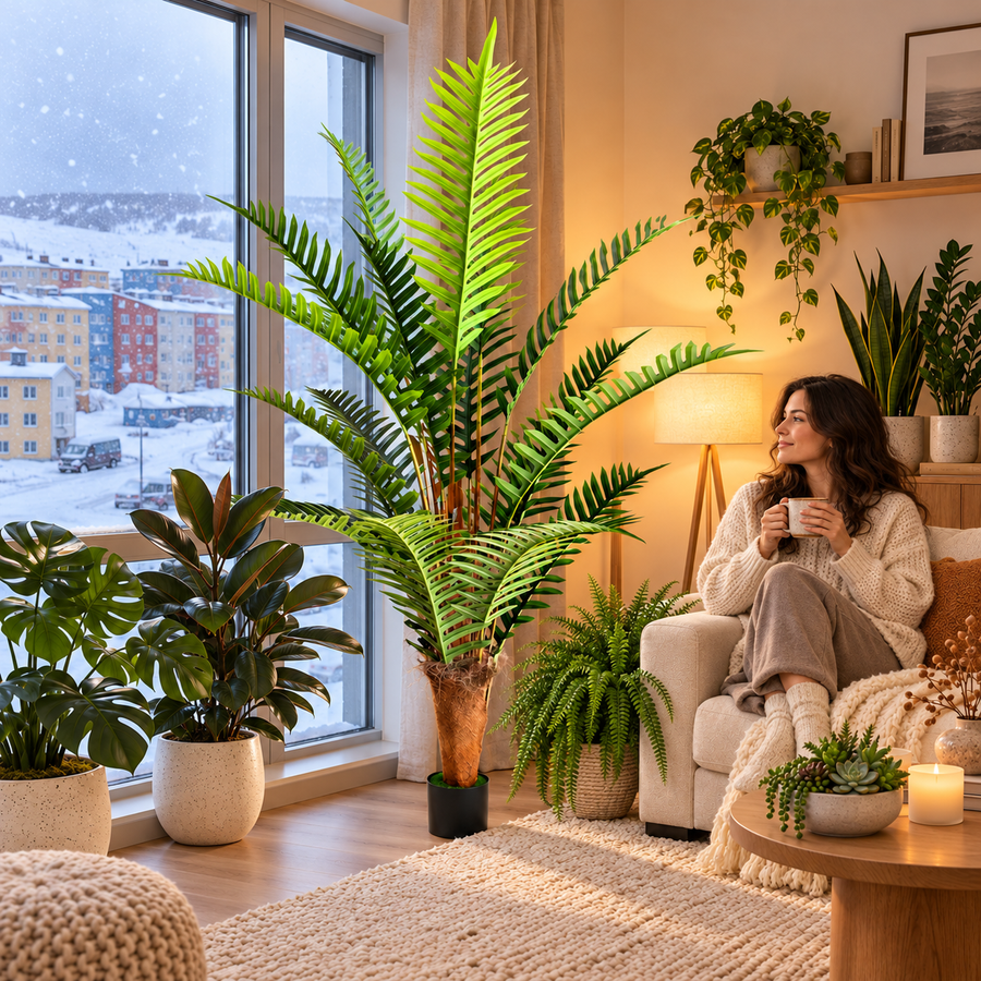 Planta Artificială Copac Tip Palmier Regal, 220 cm, 18 frunze, Verde, cu Ghiveci