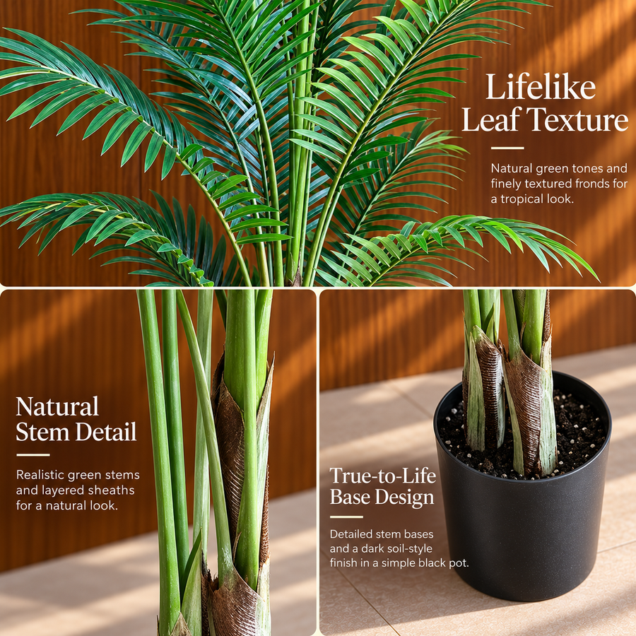 Planta Artificială Copac Tip Palmier Kentia, 3 tulpini, 17 frunze, 160 cm, Verde, cu Ghiveci