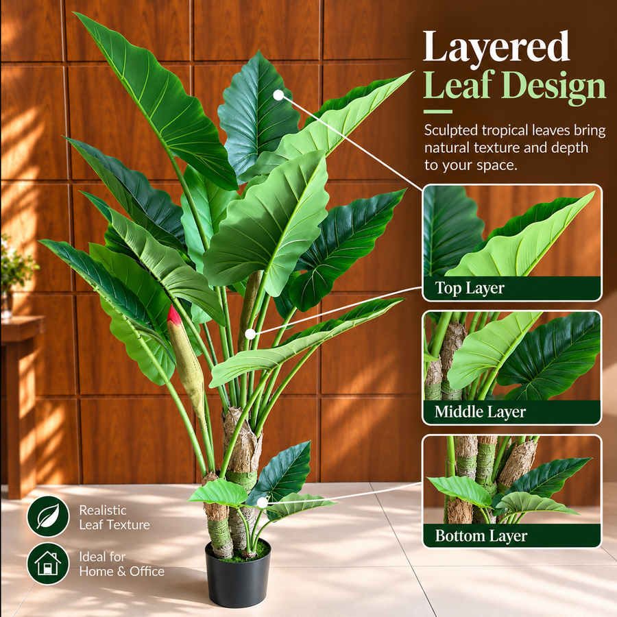 Plantă Artificială Tip Alocasia, 3 tulpini, 160 cm, Verde