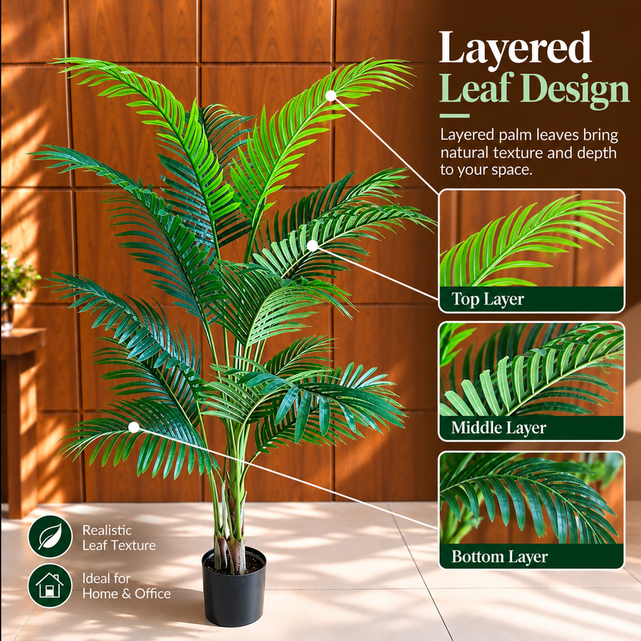 Planta Artificială Copac Tip Palmier Kentia, 3 tulpini, 17 frunze, 160 cm, Verde, cu Ghiveci
