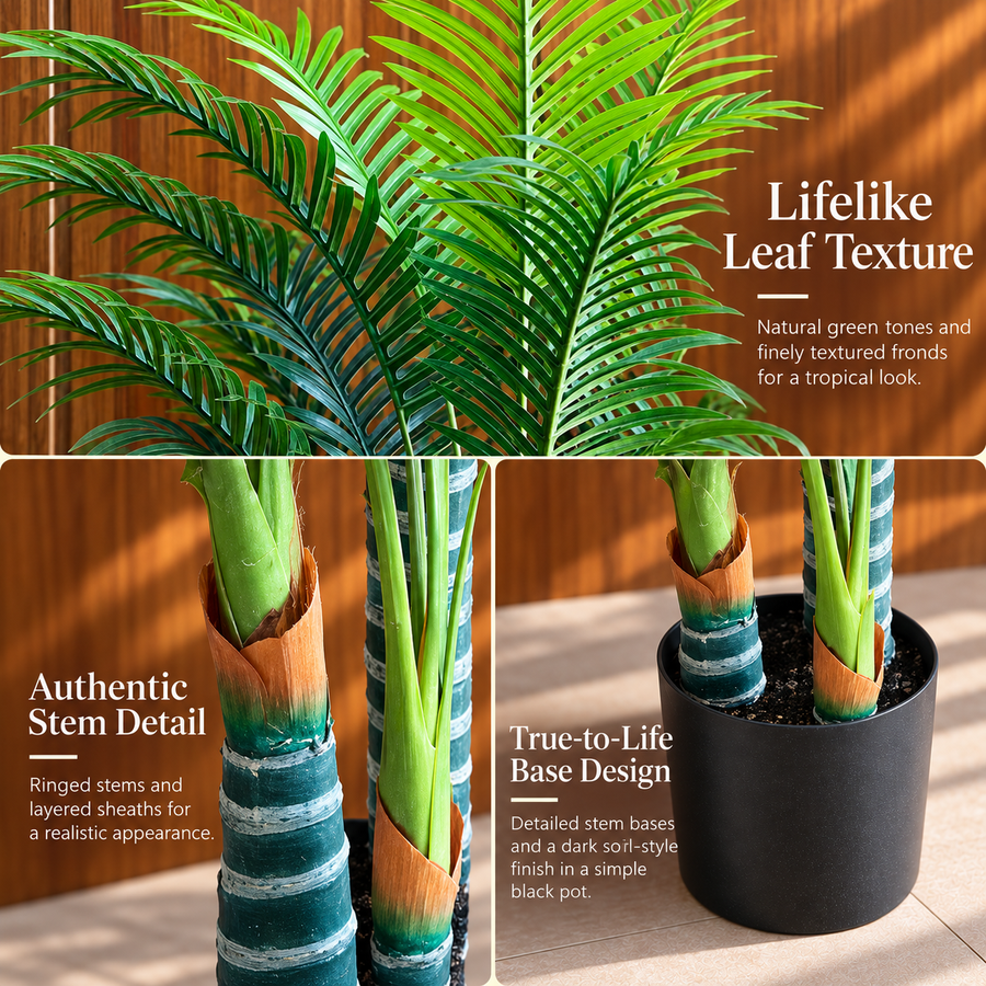 Planta Artificială Copac Tip Palmier Kentia, 3 tulpini, 17 frunze, 220 cm, Verde, cu Ghiveci