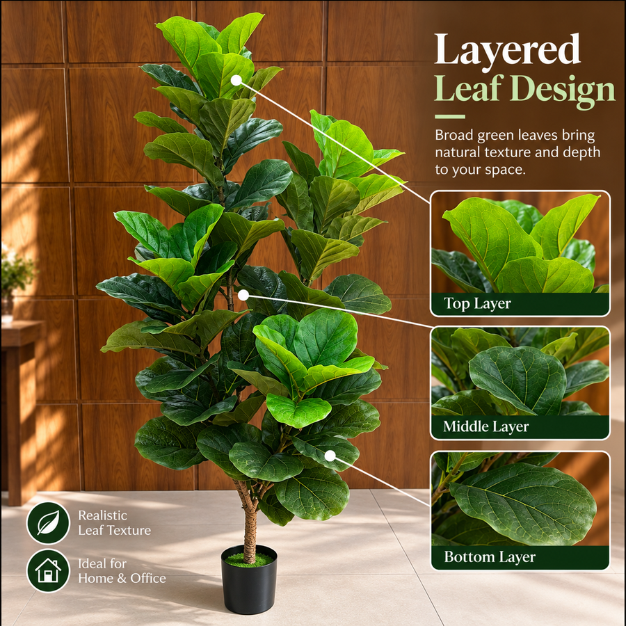 Planta Artificială Copac Tip Smochin, Frunze cu 4 ramificatii, 180 cm, Verde, cu Ghiveci
