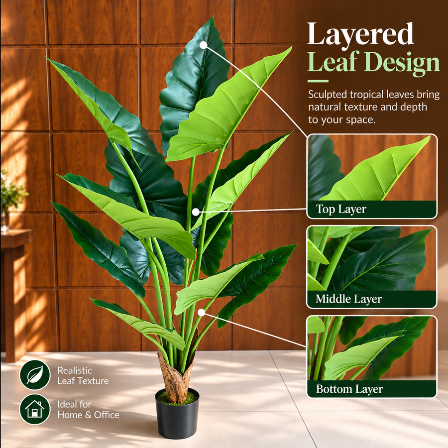 Plantă Artificială Tip Alocasia, 14 frunze, 170 cm, Verde