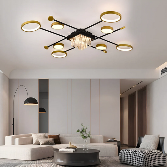 Lustra LED cu telecomanda si cristal GUIDA 46W, 8 Elemente, lumina Rece/Calda/Neutra, Dimabila, Negru Auriu