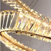 Lustra LED suspendata cu telecomanda si cristal CAIRO 98W, 2 Cercuri, lumina Rece/Calda/Neutra, Dimabila, Auriu Lucios, Inaltime Reglabila