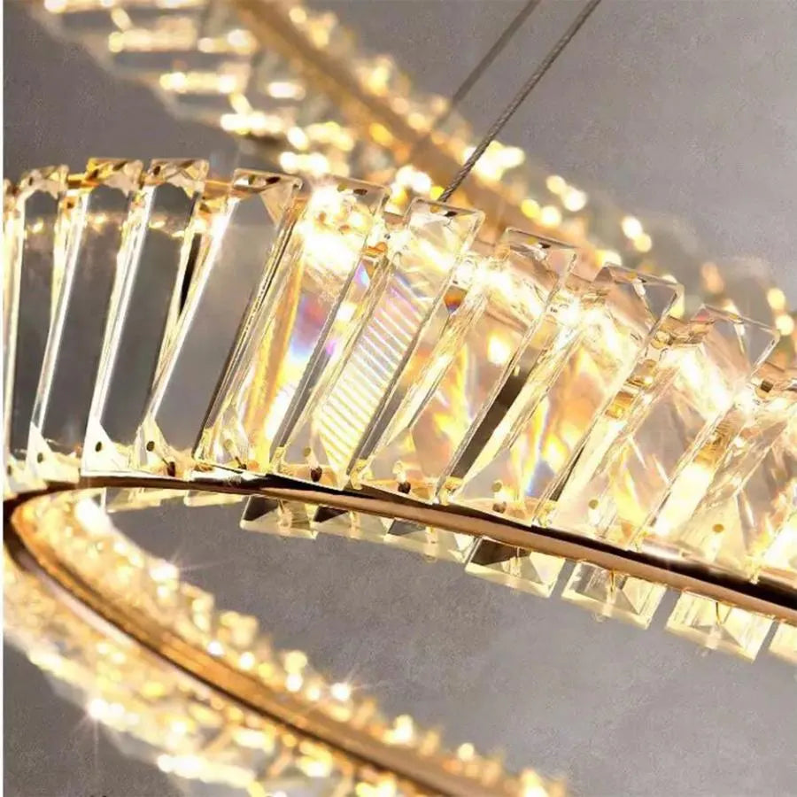 Lustra LED suspendata cu telecomanda si cristal CAIRO 98W, 2 Cercuri, lumina Rece/Calda/Neutra, Dimabila, Auriu Lucios, Inaltime Reglabila