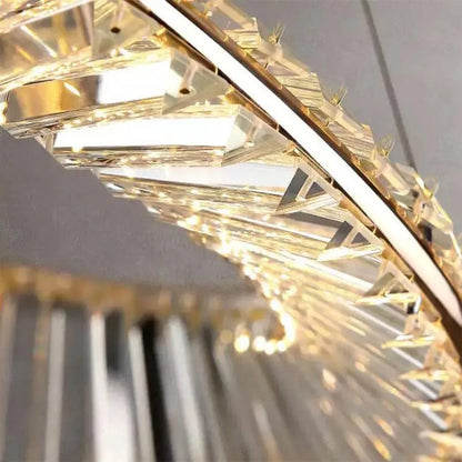 Lustra LED suspendata cu telecomanda si cristal CAIRO 98W, 2 Cercuri, lumina Rece/Calda/Neutra, Dimabila, Auriu Lucios, Inaltime Reglabila