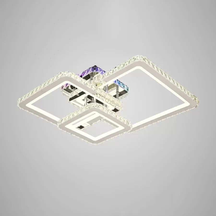 Lustra LED cu telecomanda si cristal JUSTIN RGB 106W, 3 Patrate, lumina Rece/Calda/Neutra, Dimabila, Crom Lucios