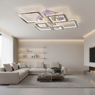 Lustra LED cu telecomanda si cristal NOVA RHOMBA RGB 168W, 6 Patrate, lumina Rece/Calda/Neutra, Dimabila, Crom Lucios