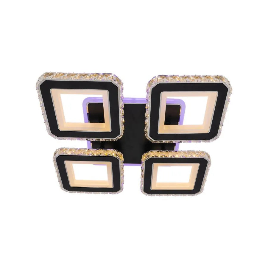 Lustra LED cu telecomanda si cristal LEILA RGB 69W, 4 Patrate, lumina Rece/Calda/Neutra, Dimabila, Negru