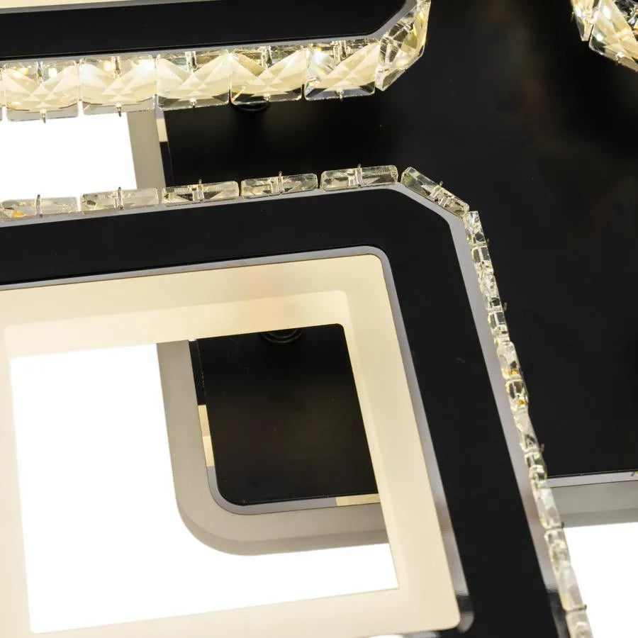 Lustra LED cu telecomanda si cristal LEILA RGB 69W, 4 Patrate, lumina Rece/Calda/Neutra, Dimabila, Negru