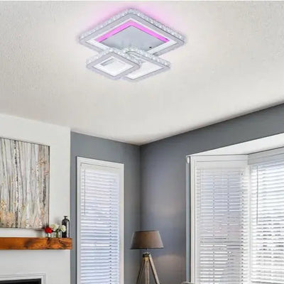 Lustra LED cu telecomanda si cristal LEILA 154W, 3 Patrate, lumina Rece/Calda/Neutra, Dimabila, Alb Crom Lucios