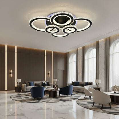 Lustra LED cu telecomanda si cristal NOVA ROTONDA RGB 145W, 6 Cercuri, lumina Rece/Calda/Neutra, Dimabila, Negru