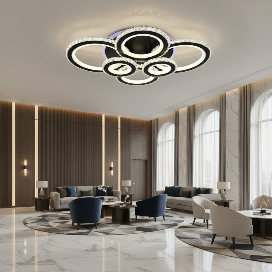Lustra LED cu telecomanda si cristal NOVA ROTONDA RGB 145W, 6 Cercuri, lumina Rece/Calda/Neutra, Dimabila, Negru