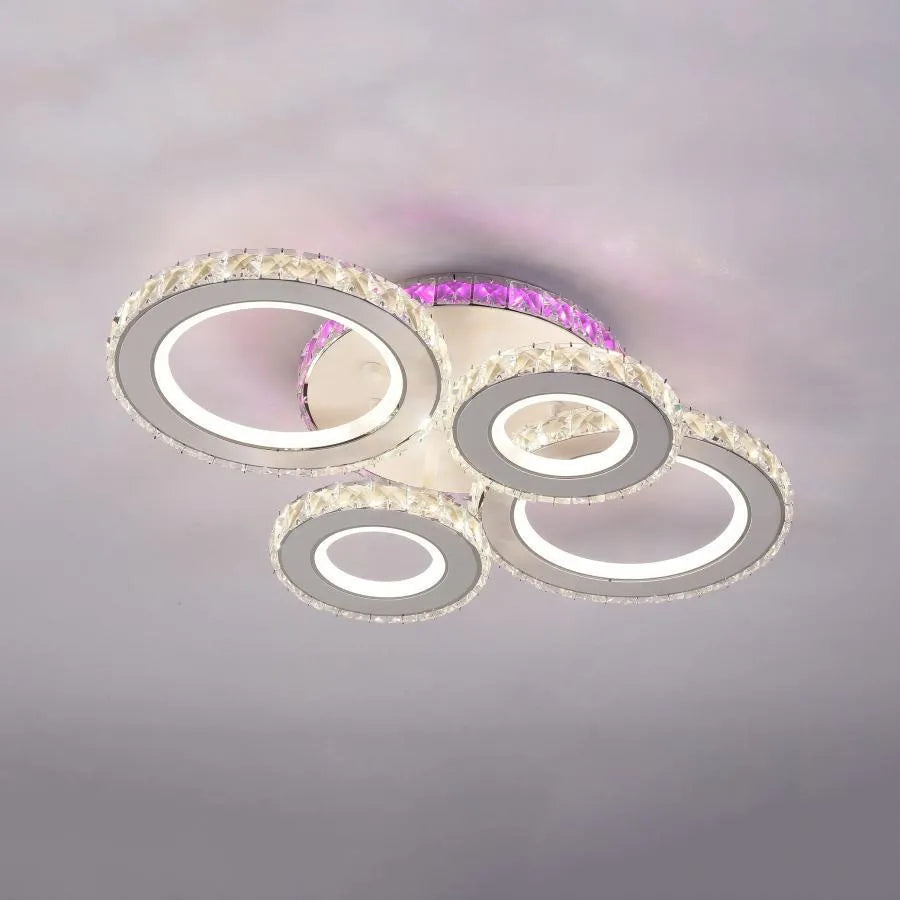 Lustra LED cu telecomanda si cristal MEILI ZAFINA RGB 136W, 4 Cercuri, lumina Rece/Calda/Neutra, Dimabila, Alb