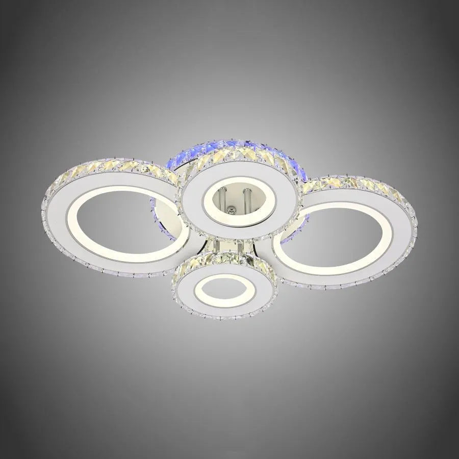 Lustra LED cu telecomanda si cristal MEILI ZAFINA RGB 136W, 4 Cercuri, lumina Rece/Calda/Neutra, Dimabila, Alb