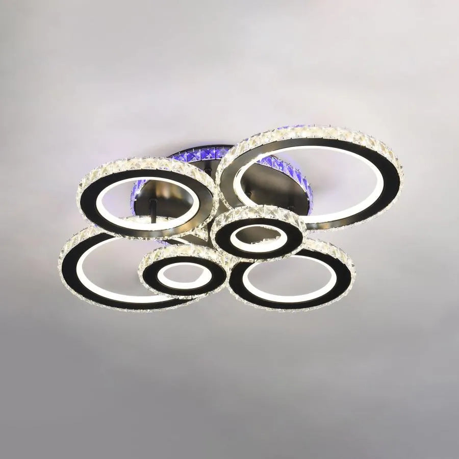 Lustra LED cu telecomanda si cristal MEILI ZAFINA RGB 238W, 6 Cercuri, lumina Rece/Calda/Neutra, Dimabila, Negru