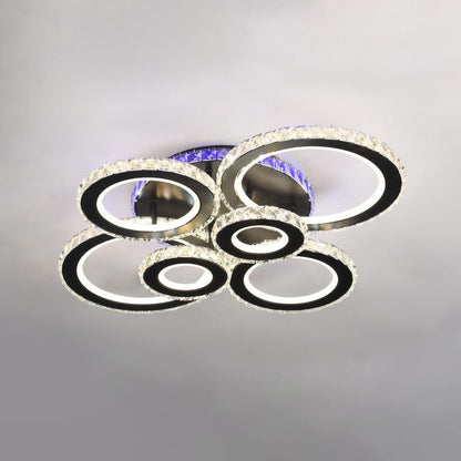 Lustra LED cu telecomanda si cristal NOVA ROTONDA RGB 145W, 6 Cercuri, lumina Rece/Calda/Neutra, Dimabila, Negru