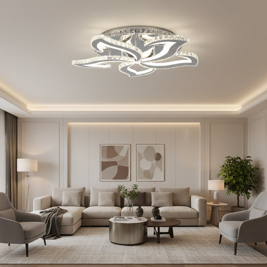 Lustra LED cu telecomanda si cristal Alejandro RGB 88W, 5 Flori, lumina Rece/Calda/Neutra, Dimabila, Crom Lucios