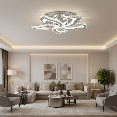 Lustra LED cu telecomanda si cristal Alejandro RGB 88W, 5 Flori, lumina Rece/Calda/Neutra, Dimabila, Crom Lucios